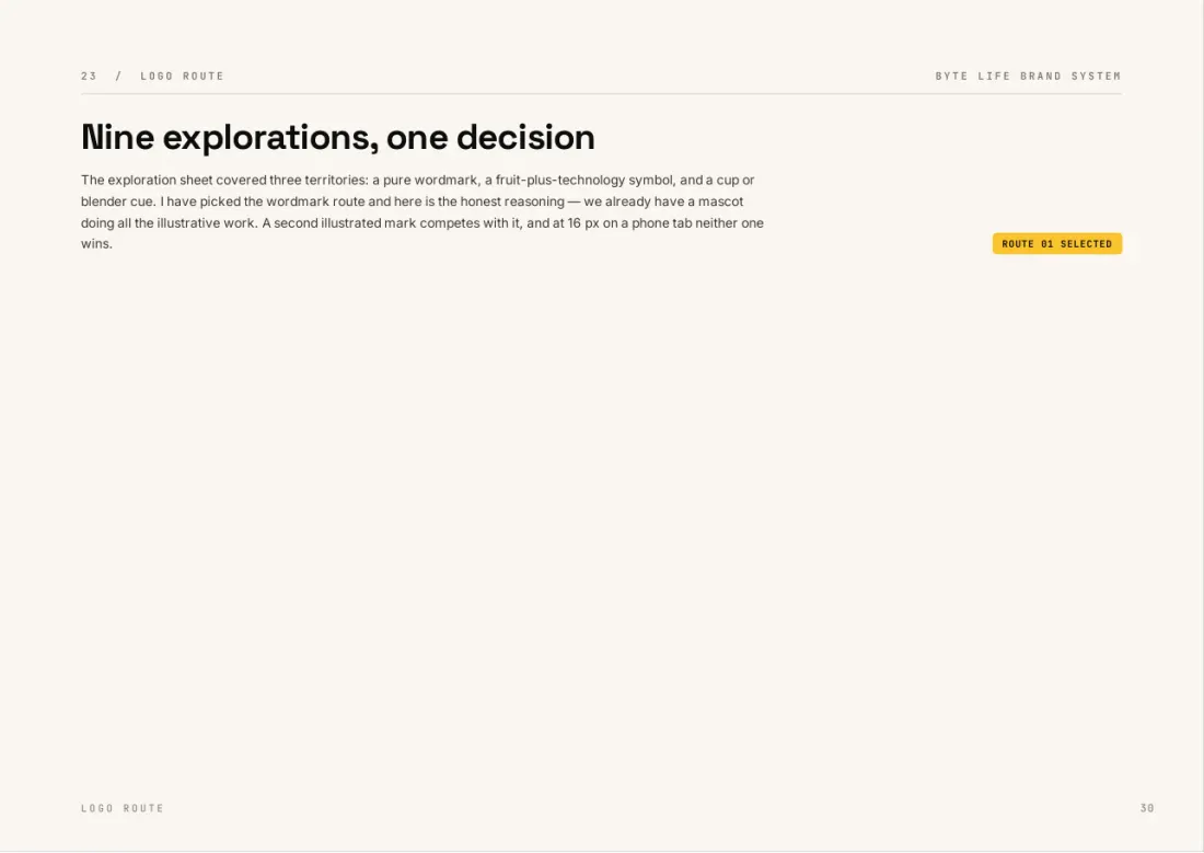 BYTE LIFE brand book, page 30: Nine explorations, one decision