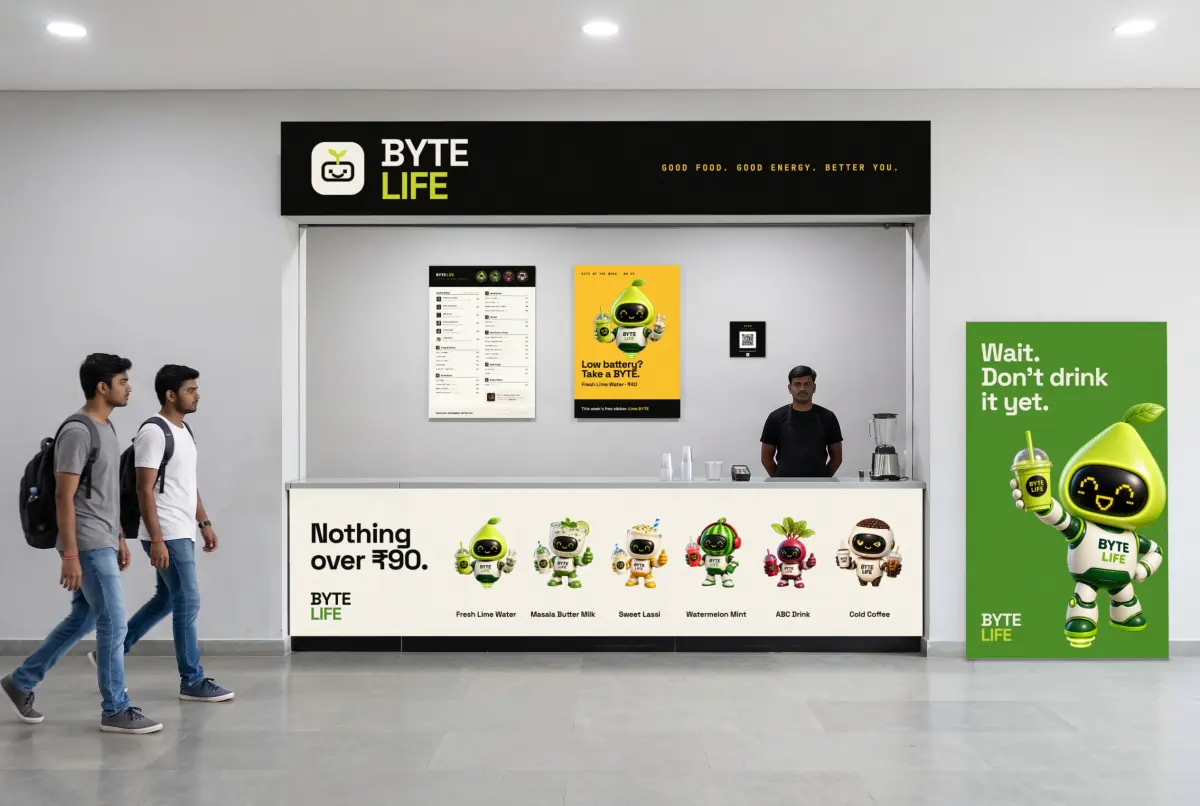 Visualisation: the BYTE LIFE counter with cast panel, menu and standee