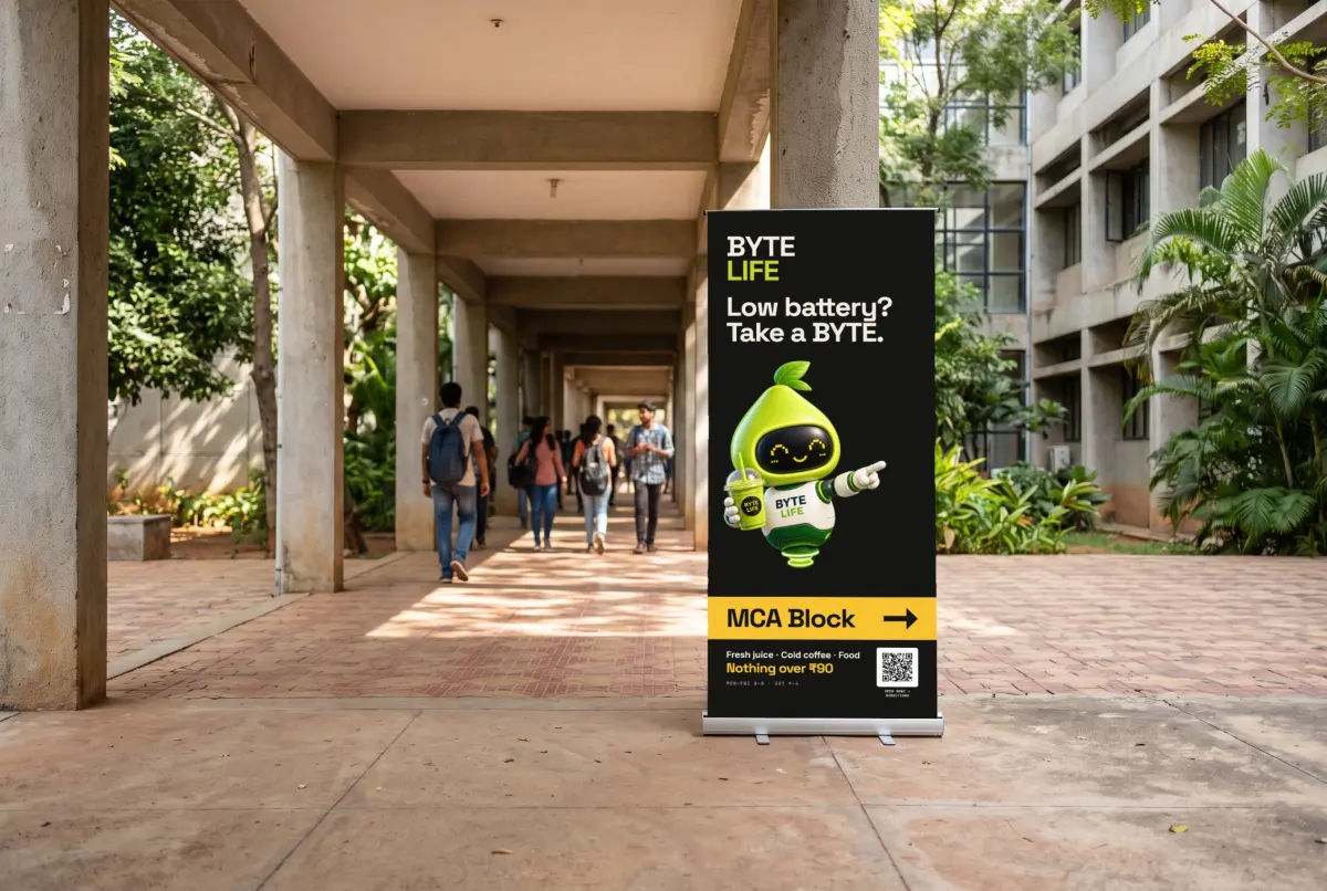 Visualisation: Lime BYTE standee in a campus corridor