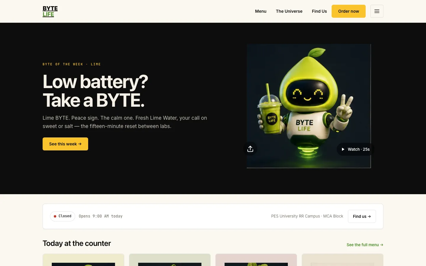 BYTE LIFE website home page on desktop: Low battery? Take a BYTE.