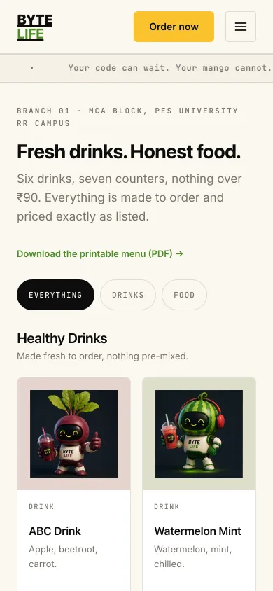 BYTE LIFE menu page on a phone