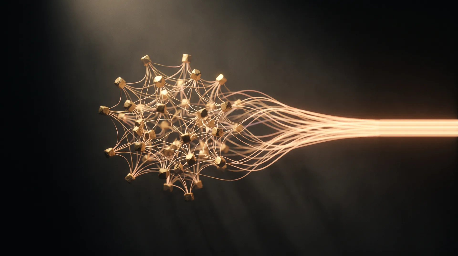 Many gold signal paths converging into one continuous strand - the Kathaastu engine