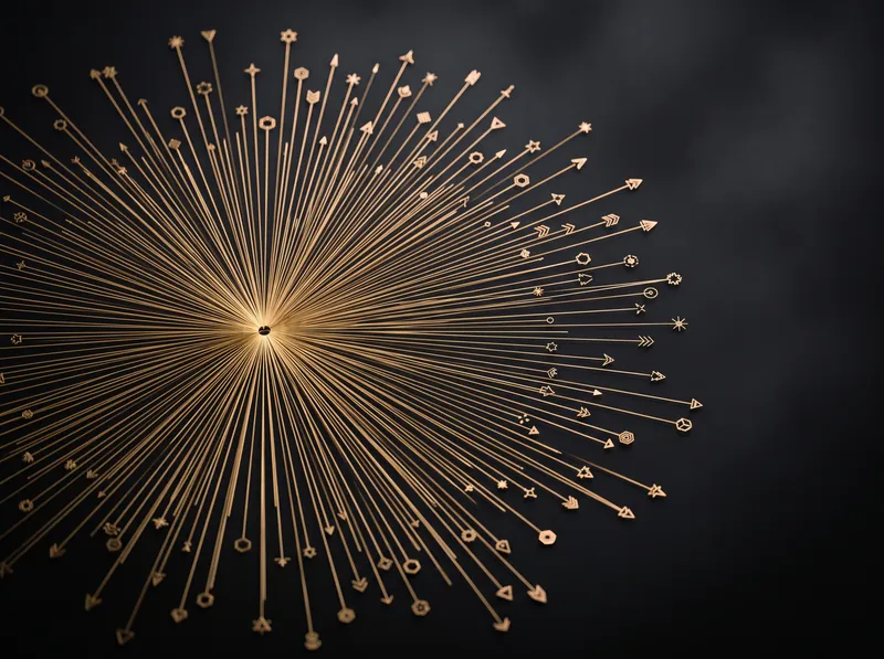 Radial burst of gold lines from a single origin