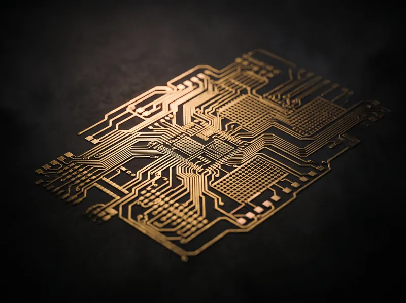 Gold circuit lattice etched into a dark slab